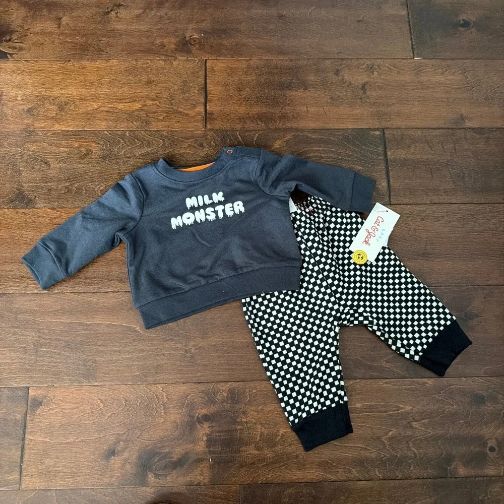 Cat & Jack Boys 6-9  M Halloween Milk Monster Shirt Checkered Jogger Pants Grey